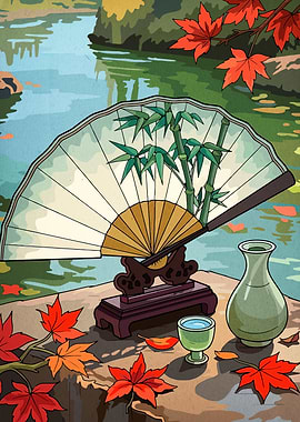 Japanese Fan Still Life with Maple Leaves