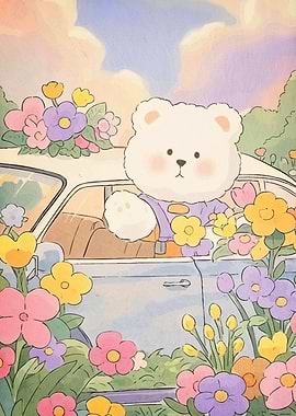 Cute Bear Driving Car Flowers