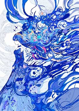 Blue Anime Girl with Flowing Hair