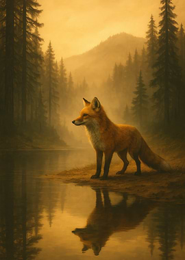 Fox in Forest by Lake Reflection