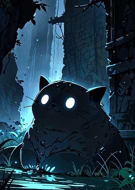 Glowing-Eyed Cat in Ruined Landscape