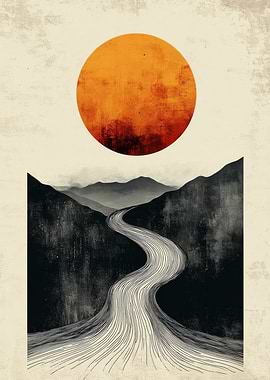 Minimalist Landscape with Sun and River