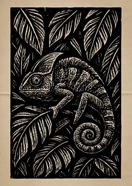 Chameleon in the Jungle Linocut Art