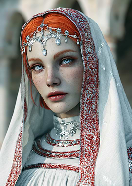 Red-haired woman with headscarf and jewelry