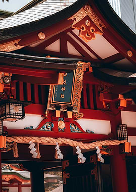 Japanese Shrine Detail with Red Accents