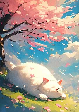 Cat Sleeping Under Cherry Blossom Tree