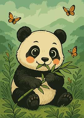 Cute Panda with Butterflies Illustration