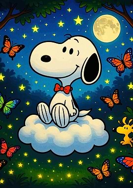 Snoopy on a Cloud with Butterflies
