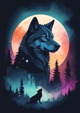 Wolf howling at the moon illustration