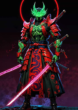 Cyberpunk Samurai Warrior with Glowing Swords