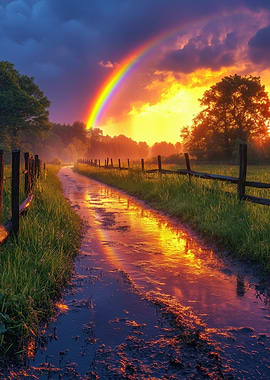 Rainbow over a Wet Country Road
