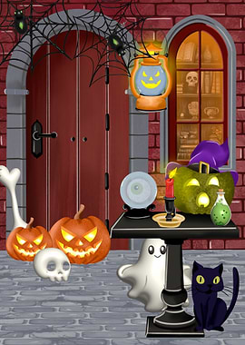 Halloween Night Scene with Spooky Decor