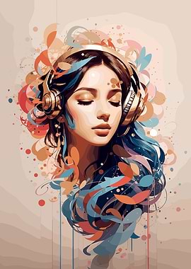 Woman with Headphones Abstract Portrait