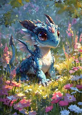 Cute Baby Dragon in Flower Field