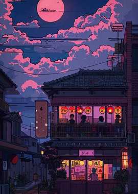 Japanese Restaurant at Night with Pink Moon