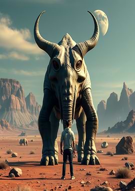 Man Facing a Giant Horned Elephant like creature