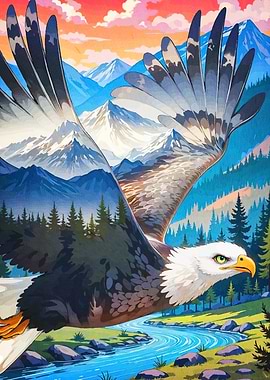 Eagle soaring over mountain landscape