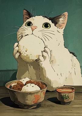 Cat eating rice ball illustration