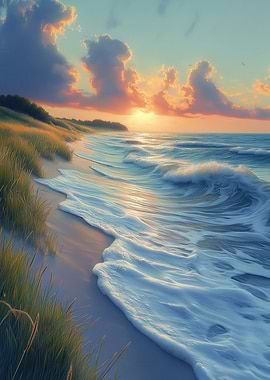 Coastal Sunset with Waves and Grass