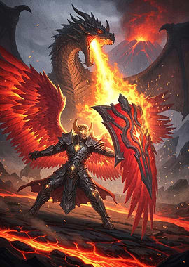 Angel Warrior Dragon Volcanic Landscape