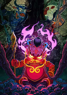 Chinese Demon Child with Golden Spear