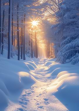 Winter Forest Path with Sunlight