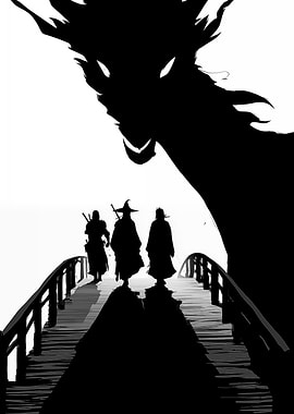 Dragon and travelers on a bridge