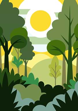 Cartoon Forest Landscape with Sun