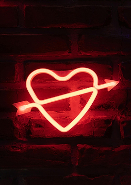 Red Neon Heart with Arrow on Brick