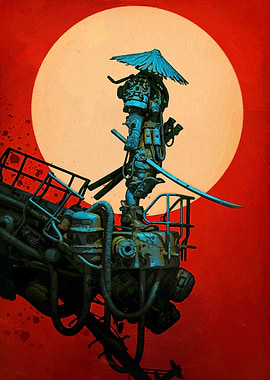 Cyberpunk Samurai with Moon Backdrop