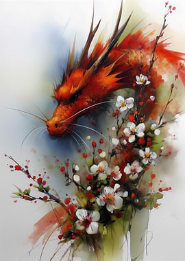 Dragon and Cherry Blossoms Watercolor Painting