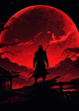 Silhouette of Warrior Under Red Moon