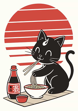 Cartoon Cat Eating Ramen Noodles