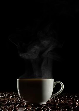 Steaming Coffee Cup with Coffee Beans
