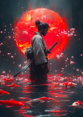 Samurai with Koi Fish and Red Moon