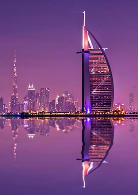 Dubai Skyline at Night with Reflection