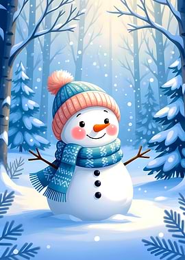 Cute Snowman in Winter Forest