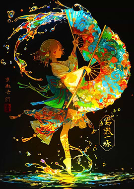 Colorful Kimono Girl with Fan