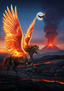 Fiery Pegasus Over Volcanic Landscape