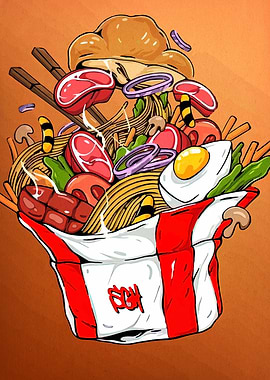 Cartoon Ramen Bowl with Toppings