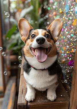 Happy Corgi with Bubbles