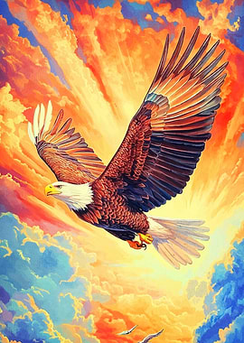 Eagle through colorful sky