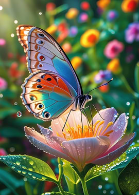 Butterfly on Flower with Water Droplets