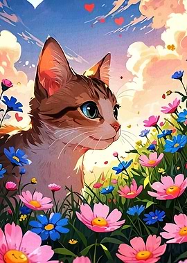 Cat in a Flower Field