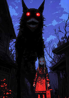 Creepy Girl and Monster in Dark