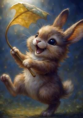 Happy Bunny with Leaf Umbrella