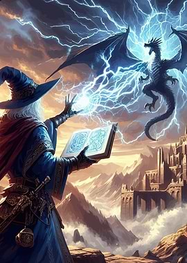 Wizard casting spell against dragon