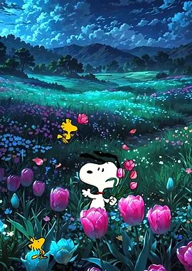 Snoopy and Woodstock in a flower field