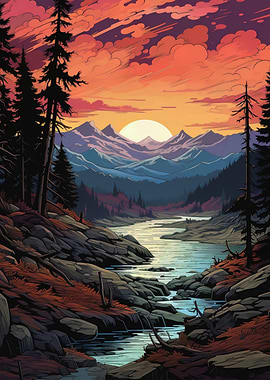 Pixel Art Mountain River Sunset Landscape