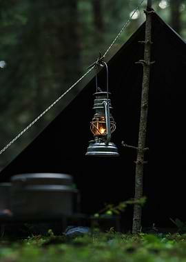 Camping Lantern in Forest Setting